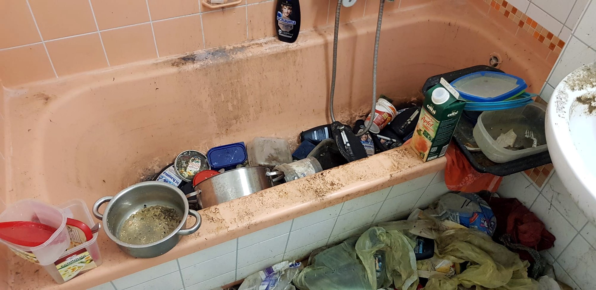 Stark belasteter Sanitärbereich vor der Reinigung